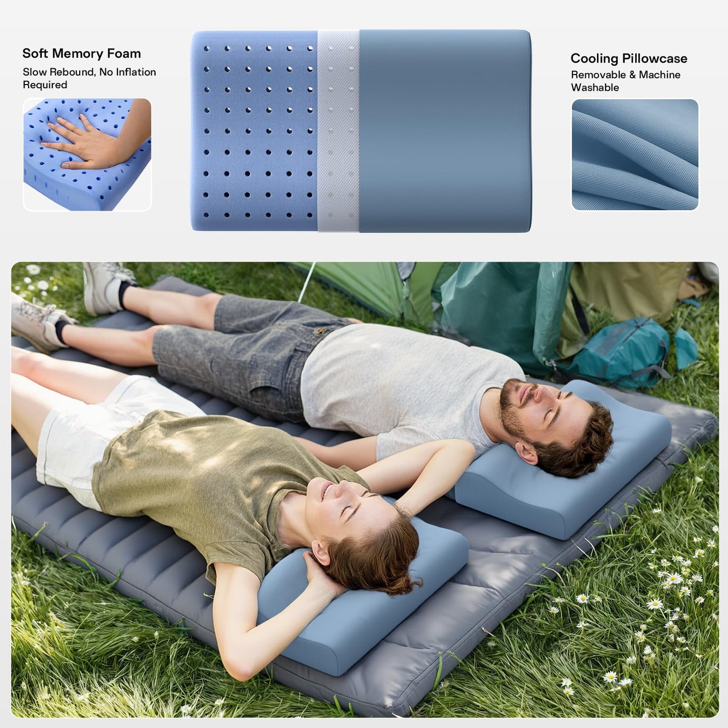 Ruizman Camping Pillows for Sleeping - Memory Foam Travel Pillow 2 Heights Use - Small Travel Pillow for Camping, Hiking, Backpacking with Storage Bag (Blue)