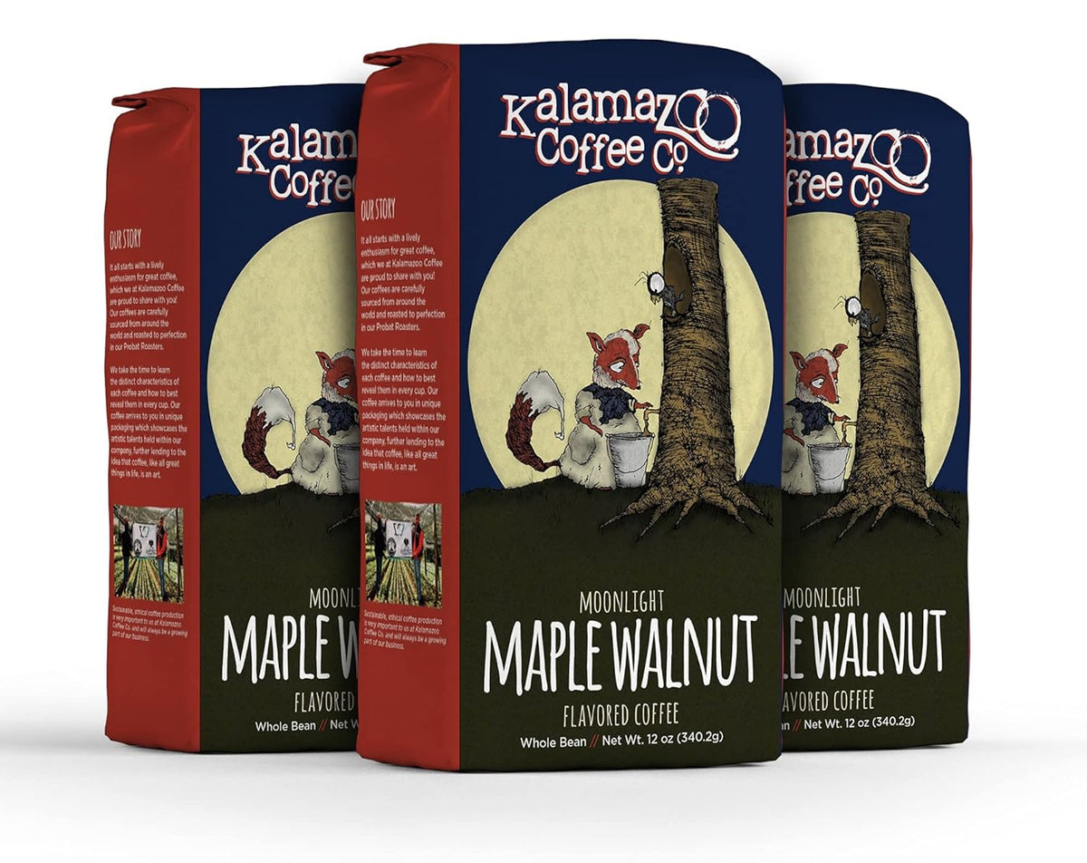 KALAMAZOO COFFEE COMPANY Maple Walnut Whole Bean Coffee - Moonlight Maple Walnut Flavored Coffee | 12oz Bag (3 Pack)