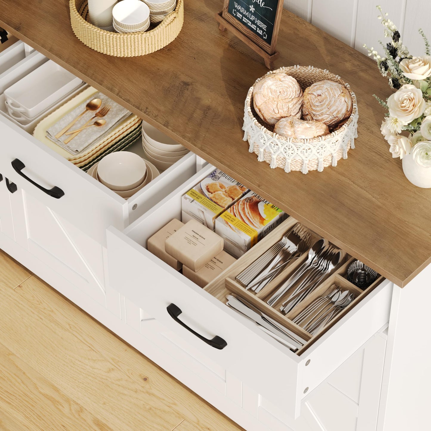 HOSTACK 59" Large Buffet Cabinet with Storage, Farmhouse Sideboard Buffet Cabinet with 3 Drawers, Wood Kitchen Coffee Bar with Doors and Shelves, Long Sideboard Kitchen Table for Dining Room, White