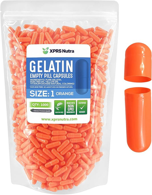 XPRS Nutra Size 1 Empty Capsules - 1000 Count Empty Gelatin Capsules - Pill DIY Capsule Filling - Pure Bovine Pill Gel Caps for Do-It-Yourself Supplements (Orange)