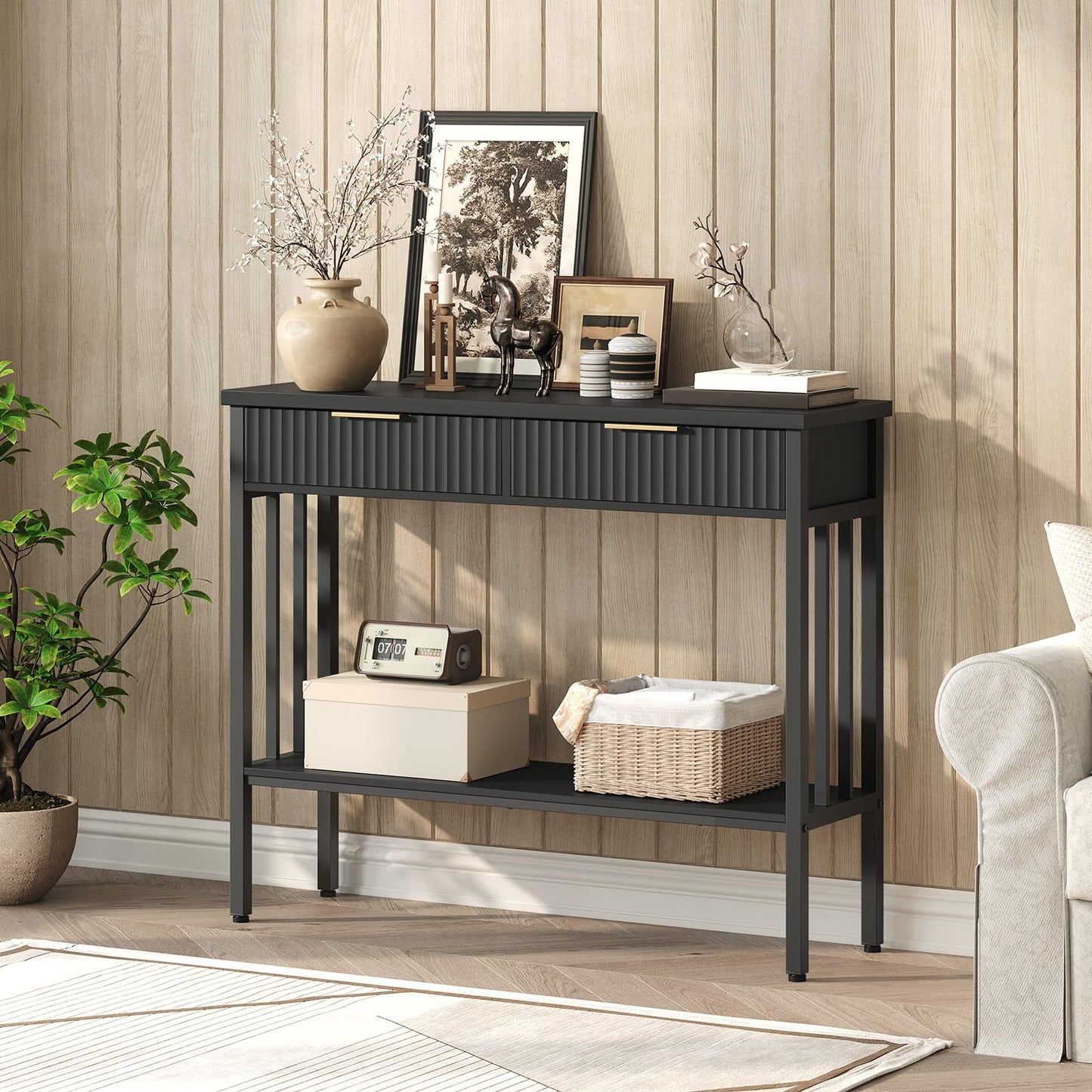 MAHANCRIS Console Table, Narrow Long Entry Table with Storage Shelf, 2-Tier Fluted Entryway Table with 2 Drawers, for Entryway, Living Room, Foyer, Hallway, Office, Black CTHB5101