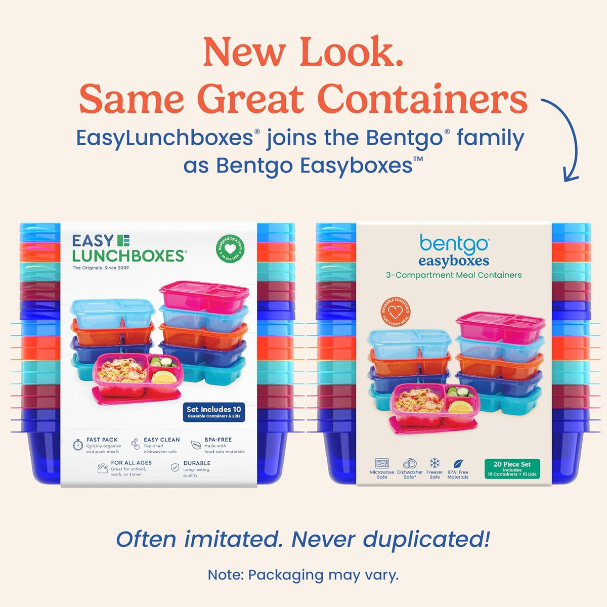 Bentgo Easyboxes - Original Stackable Lunch Boxes - Reusable 3-Compartment Food Containers for Kids and Adults - Bento Lunch Box for Meal Prep, School, & Work - BPA Free, Set of 10 (Jewel Brights)
