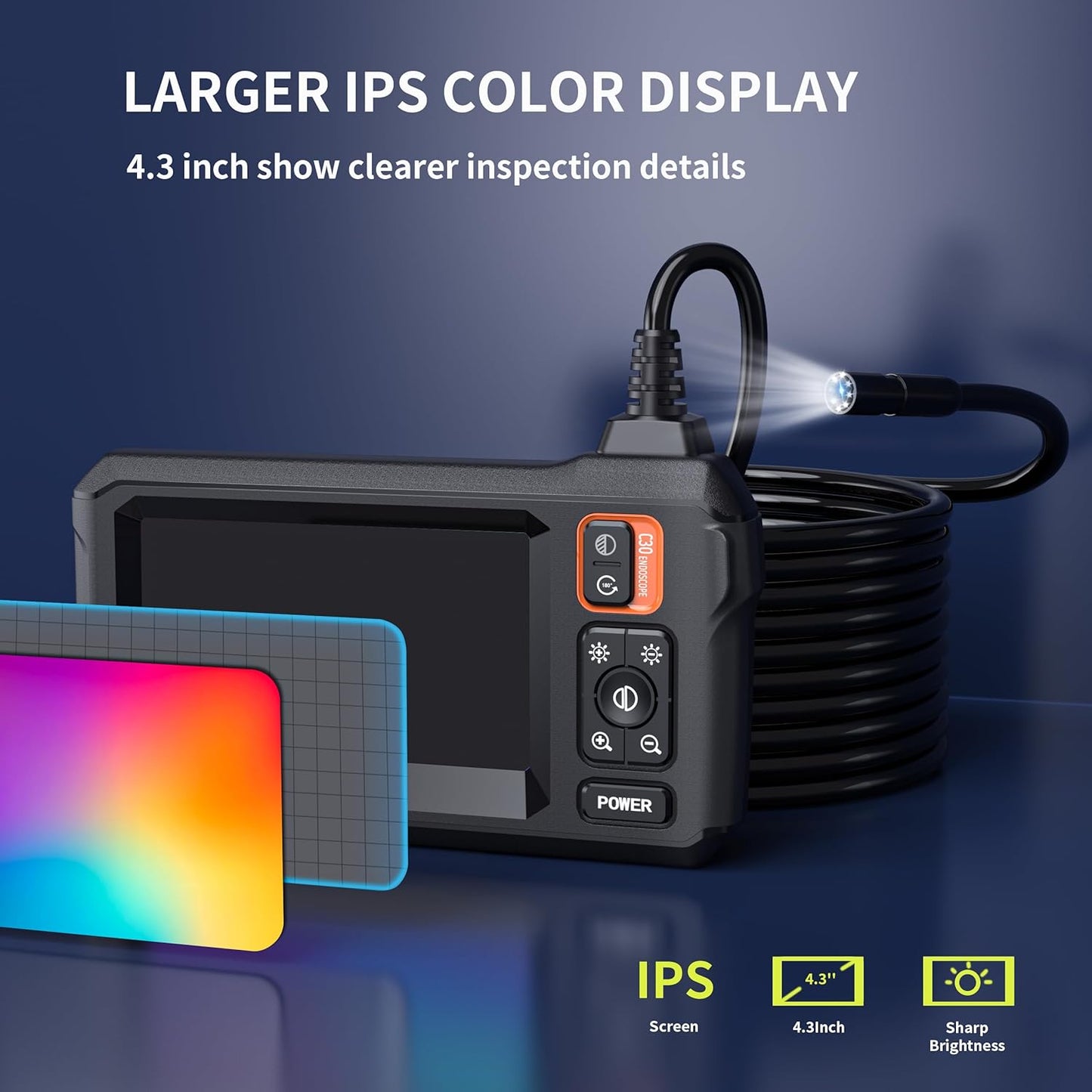 Endoscope Camera with Light, Borescope Camera with 4.3" IPS Screen, 1080P HD with 8 LED Lights, 16.4FT Semi-Rigid Cord, IP67 Waterproof Endoscope for Sewer, Cool Gadgets&Tools for Men