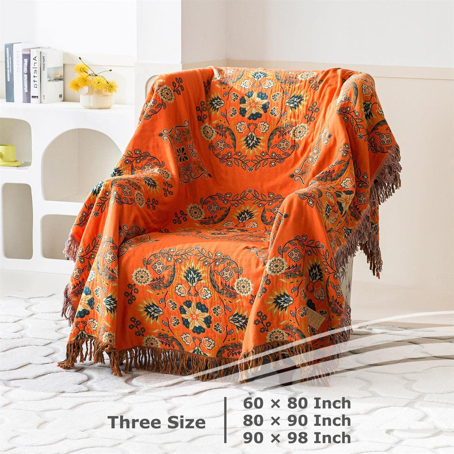 Boho Throw Blanket for Bed 100% Cotton Ultra Soft Rustic Quilt Floral Printed Farmhouse Decor Summer Bed Blankets,60"×80" All Season Rustic Large Throw for Sofa Couch Chair