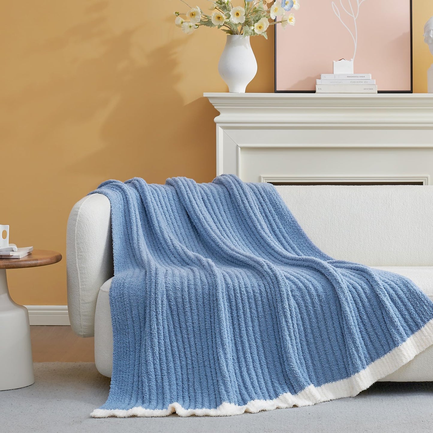 Snuggle Sac Ribbed Blue Throw Blanket for Couch, Microfiber Knit Stripe Throws, Soft Fuzzy Blankets for Couch, Sofa, Travel, Blue, 50x60 inches