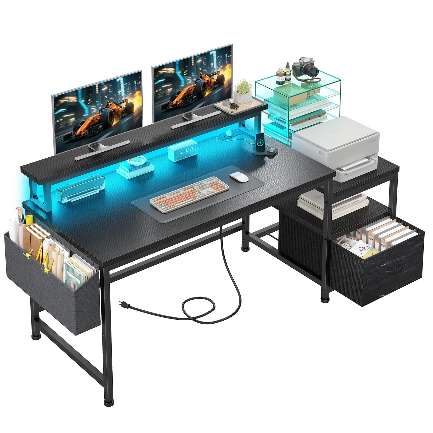 DurayLoly Computer Desk with Power Outlets and LED Lights,57" Home Office Desks with Drawers and Printer Space,Office Desk with File Drawers Cabinet,Gaming Table with Shelves Monitor Stand,Black