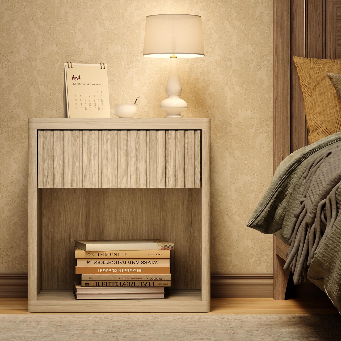 GRUSIGN Nightstand with Drawer Storage Fluted Bed Side Table End Table Large Modern 22.76" Wide Bedside Stand Mid Century Night Stands for Bedroom Living Room Sofa Couch Home Office, Light Grey