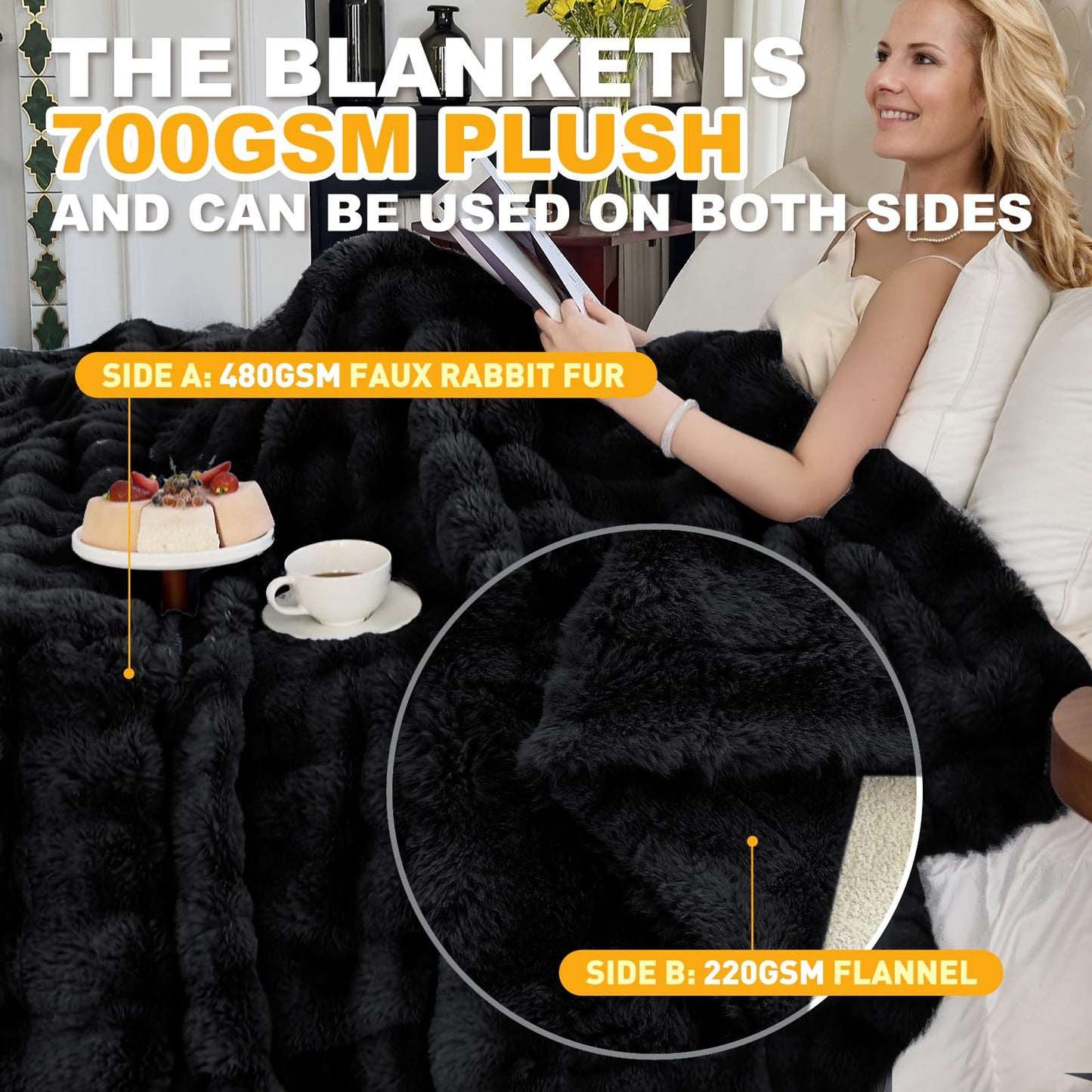 Moenchy Faux Fur Black Throw Blanket for Couch - Super Soft Heavy Flufyy Thick Bubble Throw Blankets for Bed Bedroom Living Room Farmhouse Sofa Chair Fall Winter Warm, 50x60 Inch