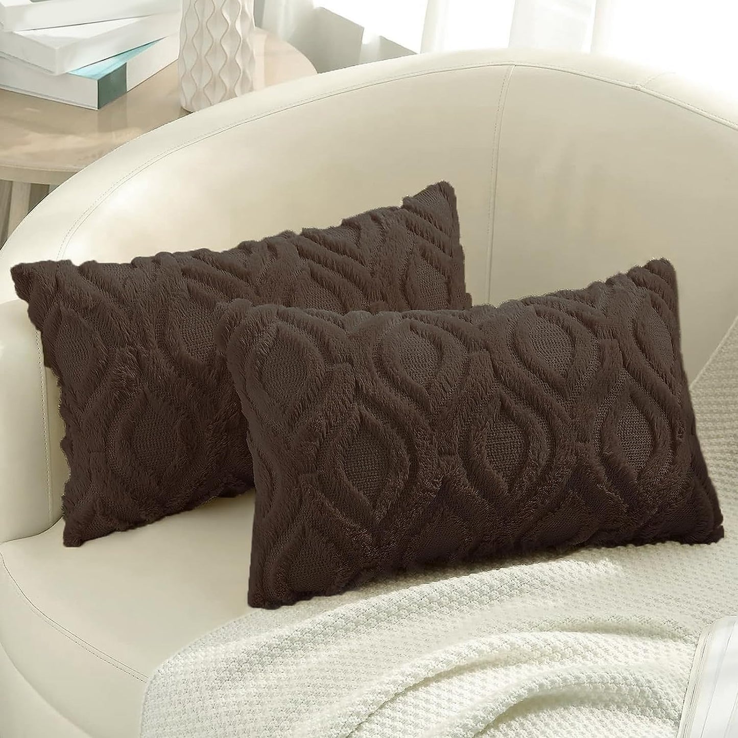 decorUhome Throw Pillow Covers 12x20 Inch Set of 2, Soft Plush Faux Wool Brown Solid Couch Pillow Covers, Accent Farmhouse Neutral Square Pillow Cases for Sofa Bed Living Room Home Decor