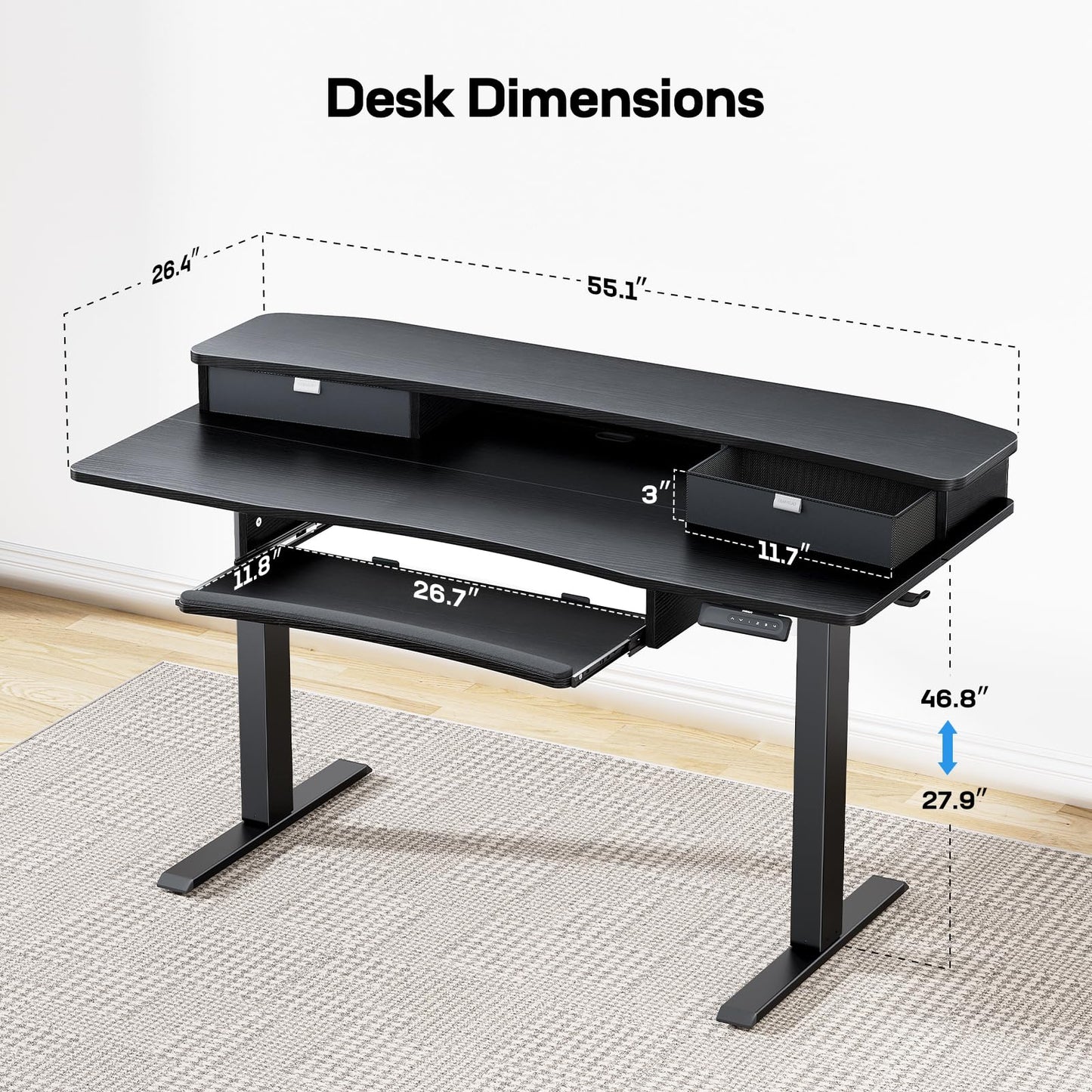 HUANUO 55" x 26" Electric Standing Desk with 2 Drawers & 26.7" Large Keyboard Tray, C-Clamp Mount Compatible, Adjustable Computer Desk for Home Office, Stand Up Desk with 4 Height Presets, Black