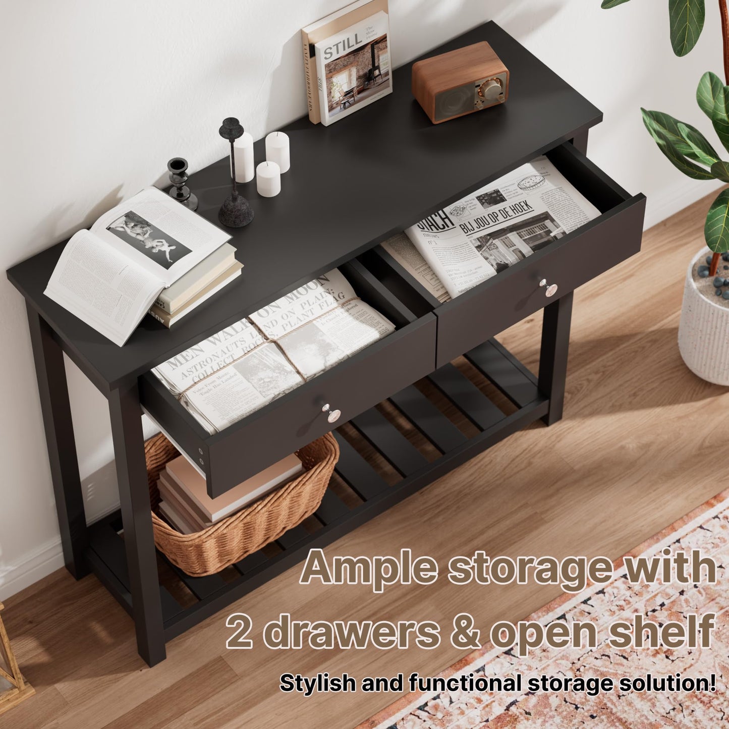 Ludatido Black Console Table with 2 Drawers, Entryway Table with Storage Shelf, 40" Modern Narrow Foyer Sofa Table for Living Room, Entrance, Hallway, Bedroom, Black