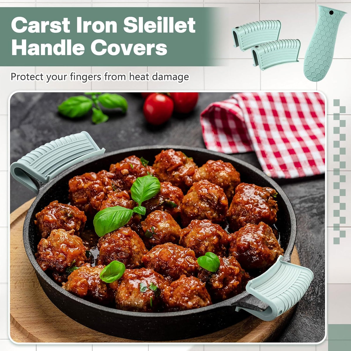 Patelai 8 Pcs Silicone Pot Holders Cast Iron Handle Cover Heat Resistant Pot Handle Covers Potholder Non Slip Reusable Pan Sleeve for Frying Pan Kitchen Supplies(Mint Green)