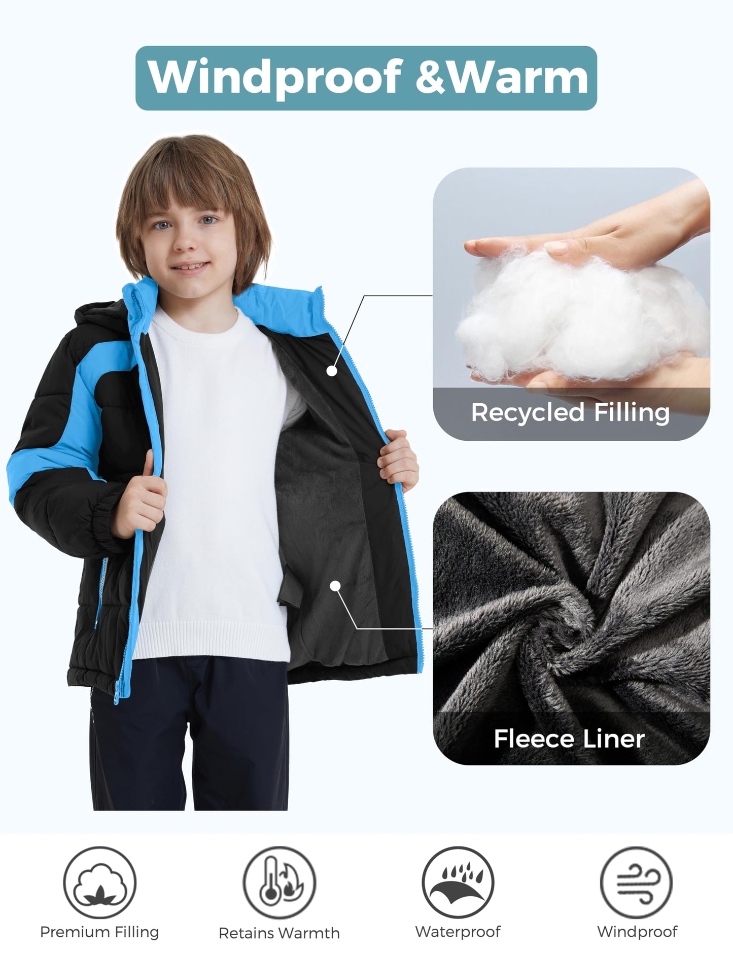 ZSHOW Boys' Puffer Jacket Warm Down Alternative Coat Hooded Outerwear Jacket(Black & Blue,14-16)