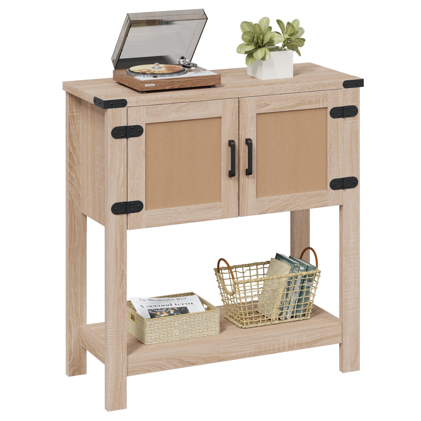 MELLCOM Console Table with Rattan Doors, Farmhouse Entryway Table with Storage Cabinet, Wood Hallway Desk with Open Storage Shelf for Living Room, Bedroom & Office