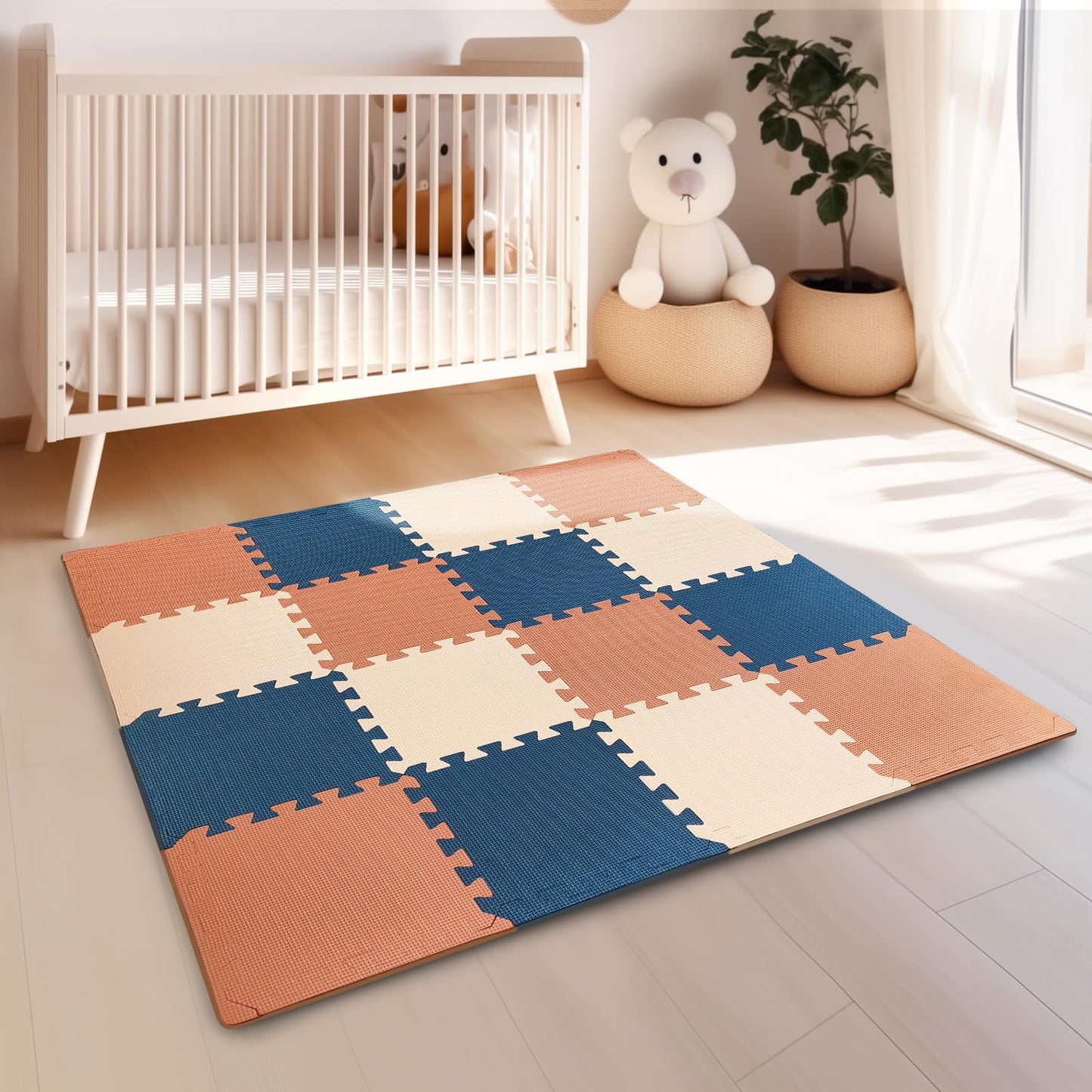 TCBunny Kids Soft EVA Foam Jigsaw Puzzle Play Mat, 18 Interlocking Tiles and Edges Baby Play Mat, for Kids Gym, Nursery, Playroom, Pet Mat, Total Floor Coverage 16 Sq Ft, Blue/Pink/Cream