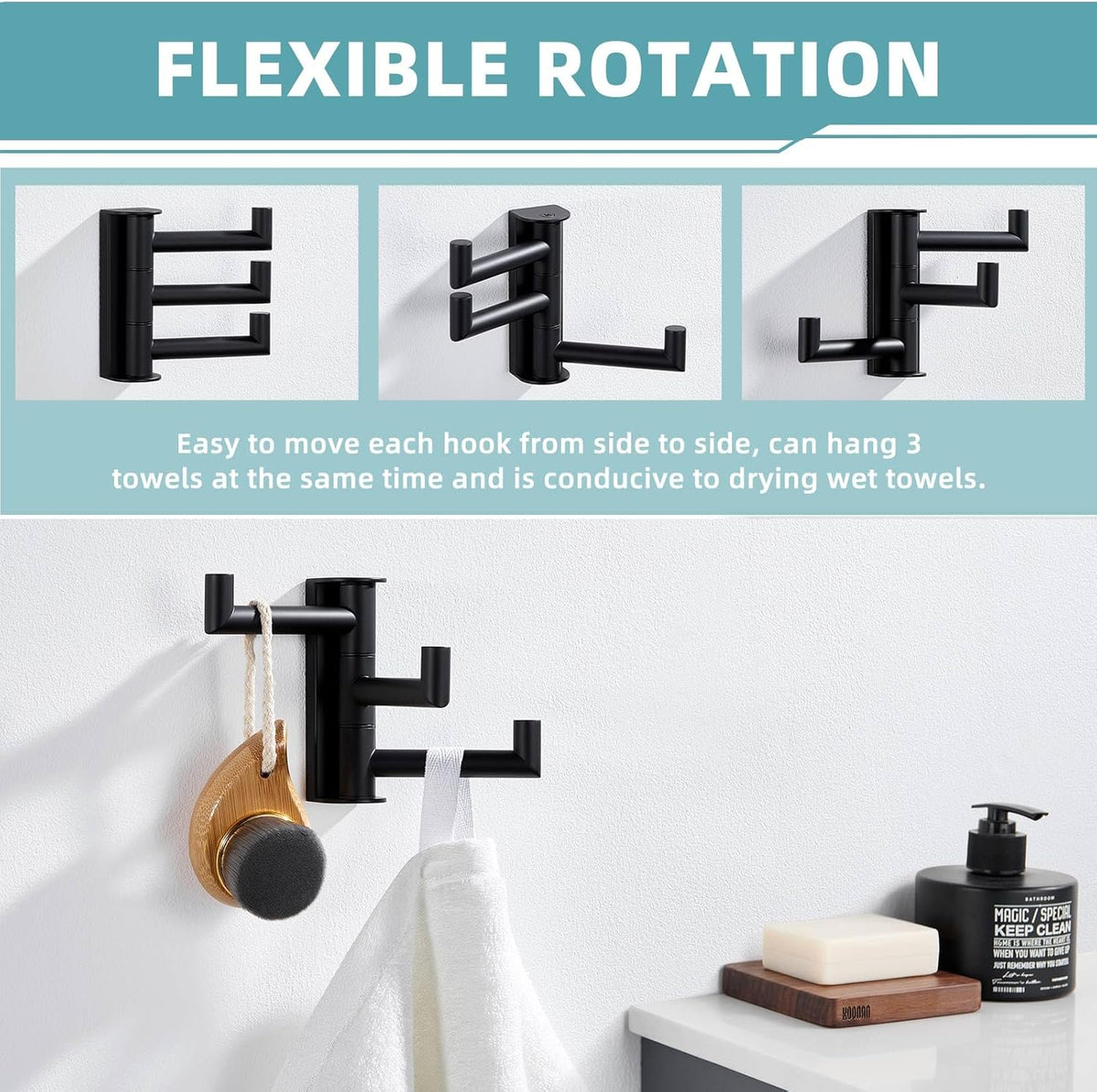 Suyar Swivel Towel Hook 3 Arms, SUS 304 Stainless Steel Coat Robe Holder, Foldable Wall Hook, Matte Black
