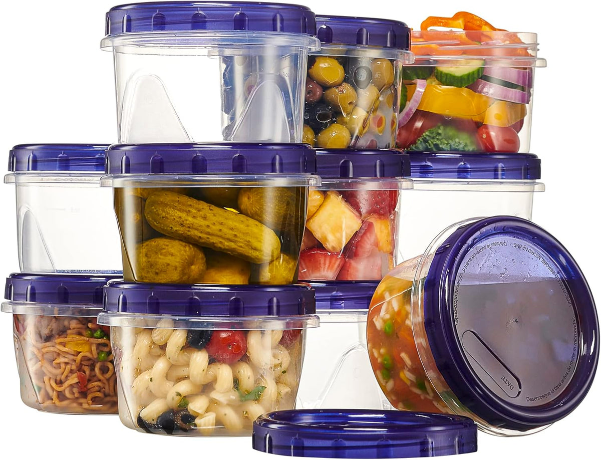 PLASTICPRO 12 Pack Twist Cap Food Storage Containers with Blue Screw on Lid- 16 oz Reusable Meal Prep Containers - Freezer and Microwave Safe Blue Plastic Food Storage
