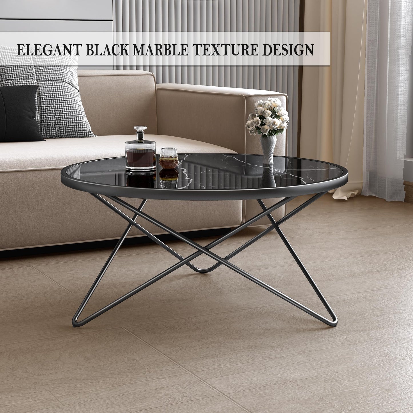 DYZAIMAX Round Coffee Table for Living Room, Bedroom, Balcony - 31.5" x 15.8" Space-Saving Black Marble-Textured Top, Sturdy Metal Frame with Black & Gold Finish | Premium Baked Paint, Easy Assembly