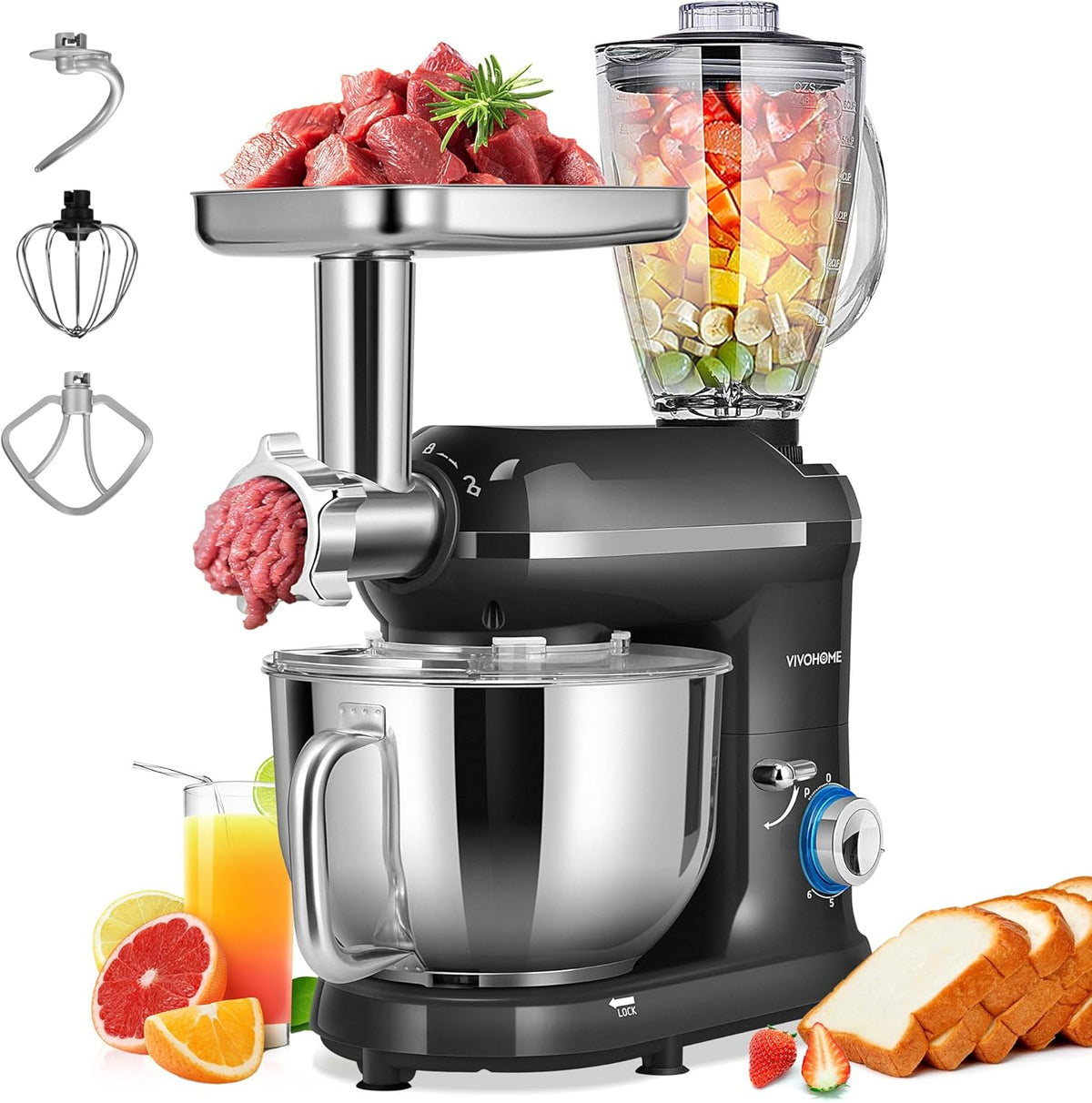 VIVOHOME 3 in 1 Multifunctional Stand Mixer with 6 Quart Stainless Steel Bowl, 650W 6 Speed Tilt-Head Meat Grinder, Juice Blender, Black