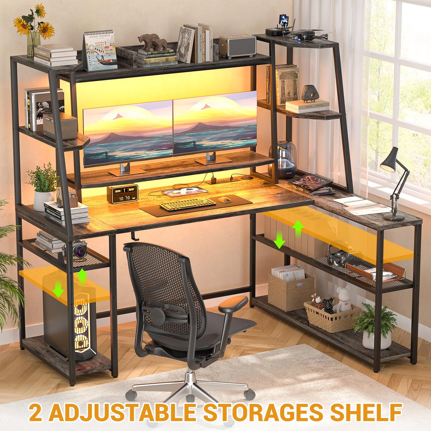 Cyclysio 63" L Shaped Desk, L Shaped Gaming Desk with Led Lights and Charging Station, Gaming Desk with Shelves Hutch and Monitor Stand, Grey Oak