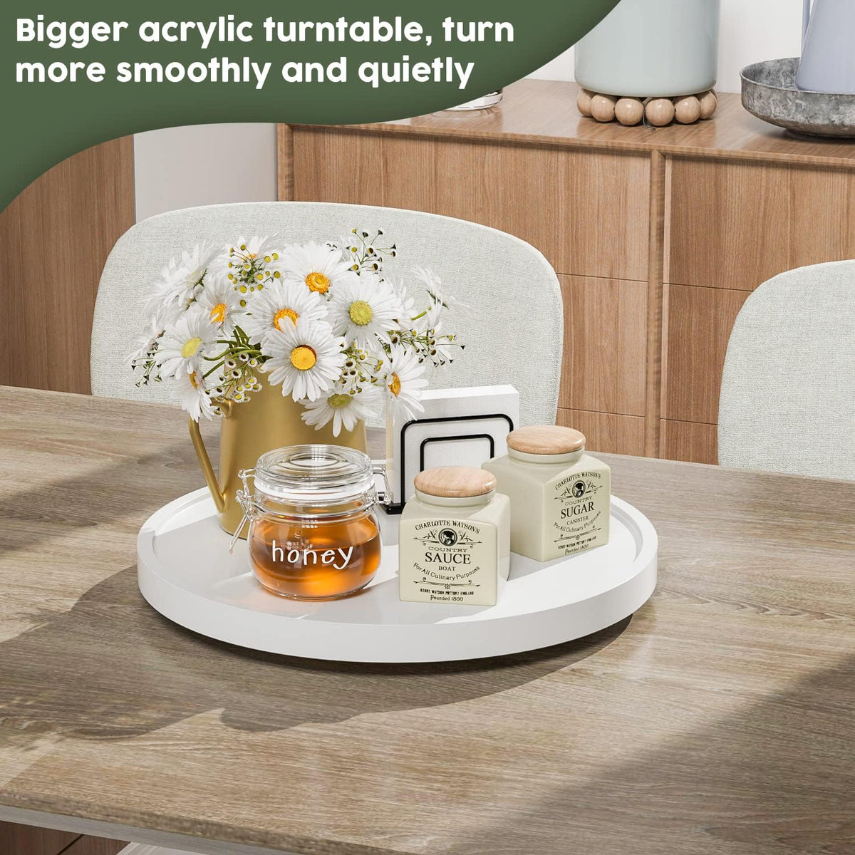 White Lazy Susan for Table, 12 Inch Non-Skid Bamboo Turntable Organizer for Salt Pepper Spices and Olive Oil Next to Stove, Wooden Lazy Susan Organizer for Kitchen Countertop Organizer