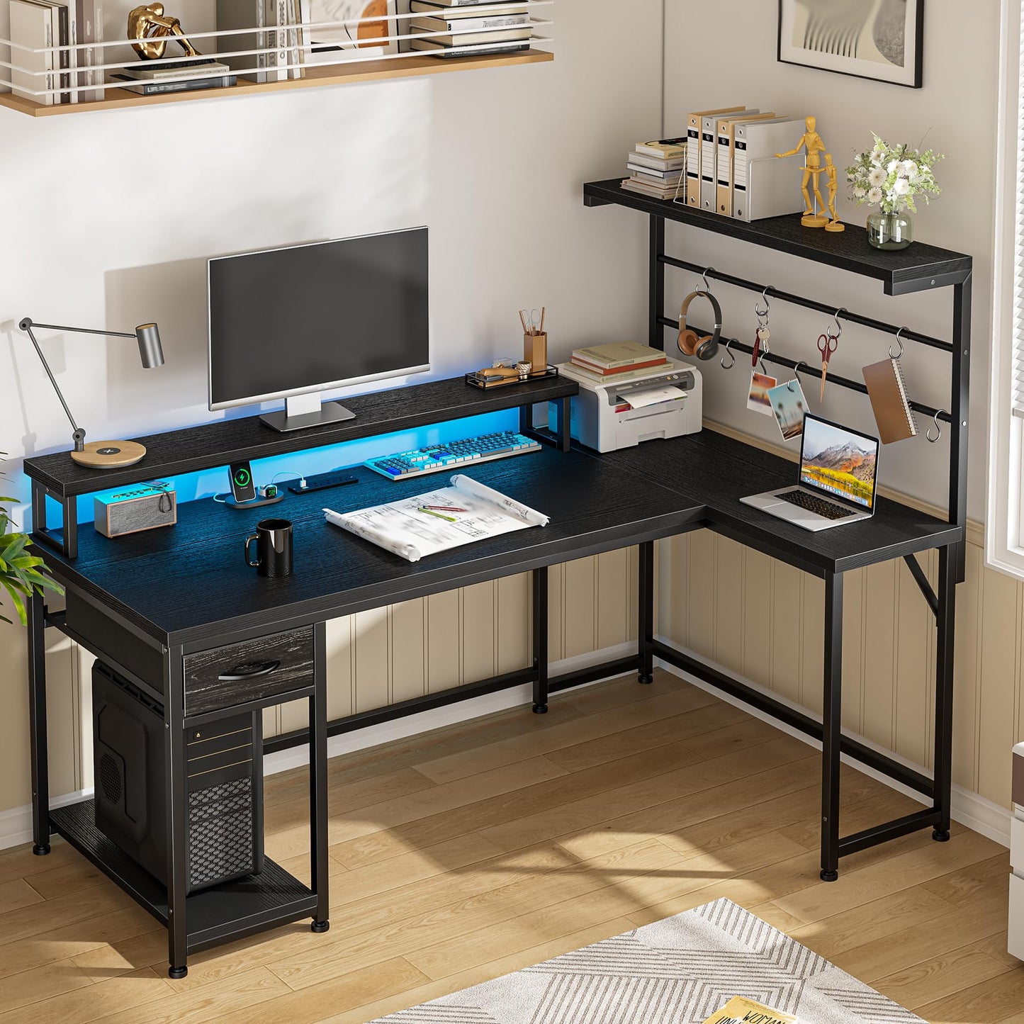 EnHomee L Shaped Gaming Desk with LED Light & Power Outlet, Reversible Computer Desk with Hutch & Drawer, Home Office Desks with Hooks & Monitor Stand, Black