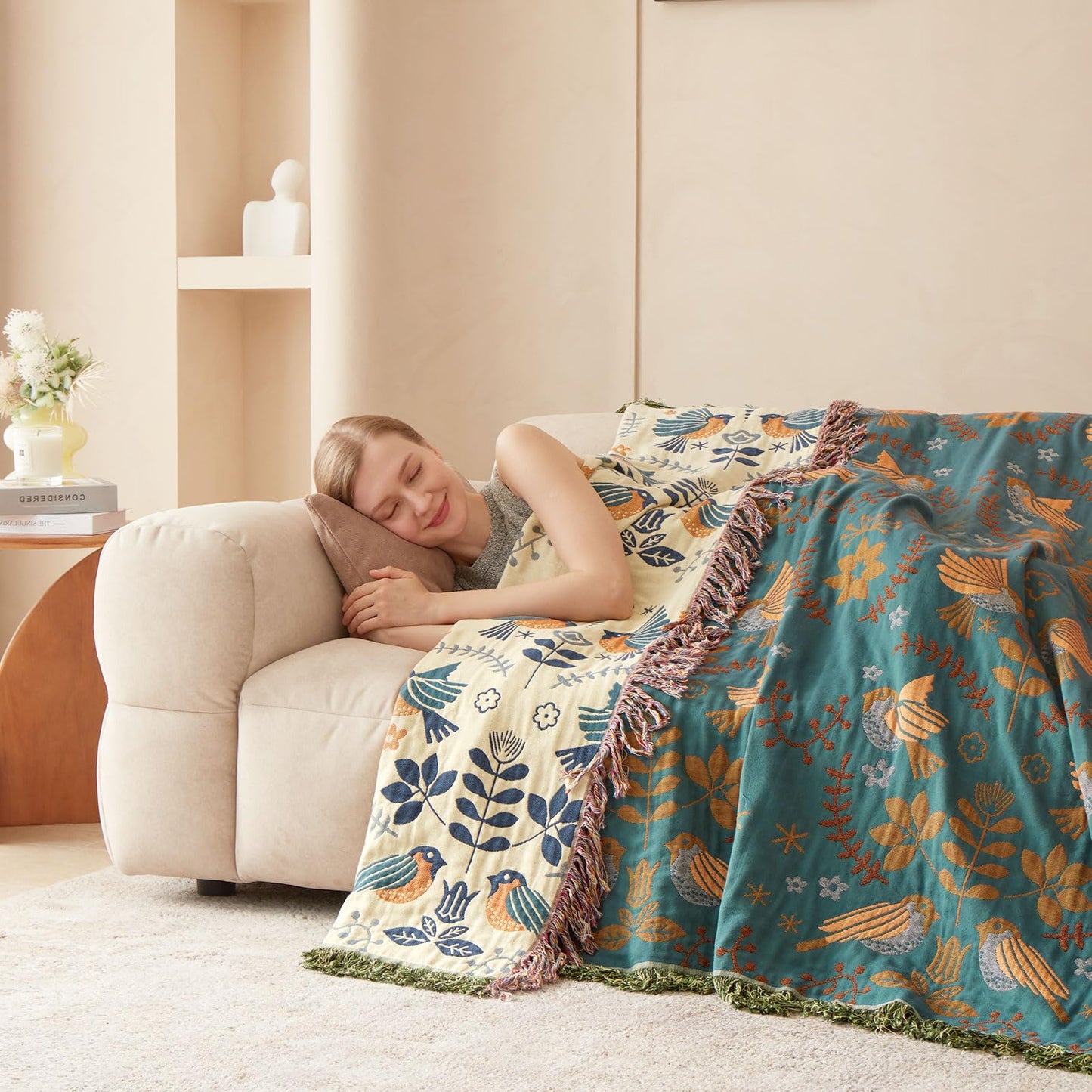 Boho Throw Blanket- 100% Cotton Muslin Blanket for Bed Couch, 60"x80" Reversible Breathable Summer Blanket Soft Lightweight Farmhouse Throw Blanket Rustic Quilt, All Season Floral Bird Decor Blankets