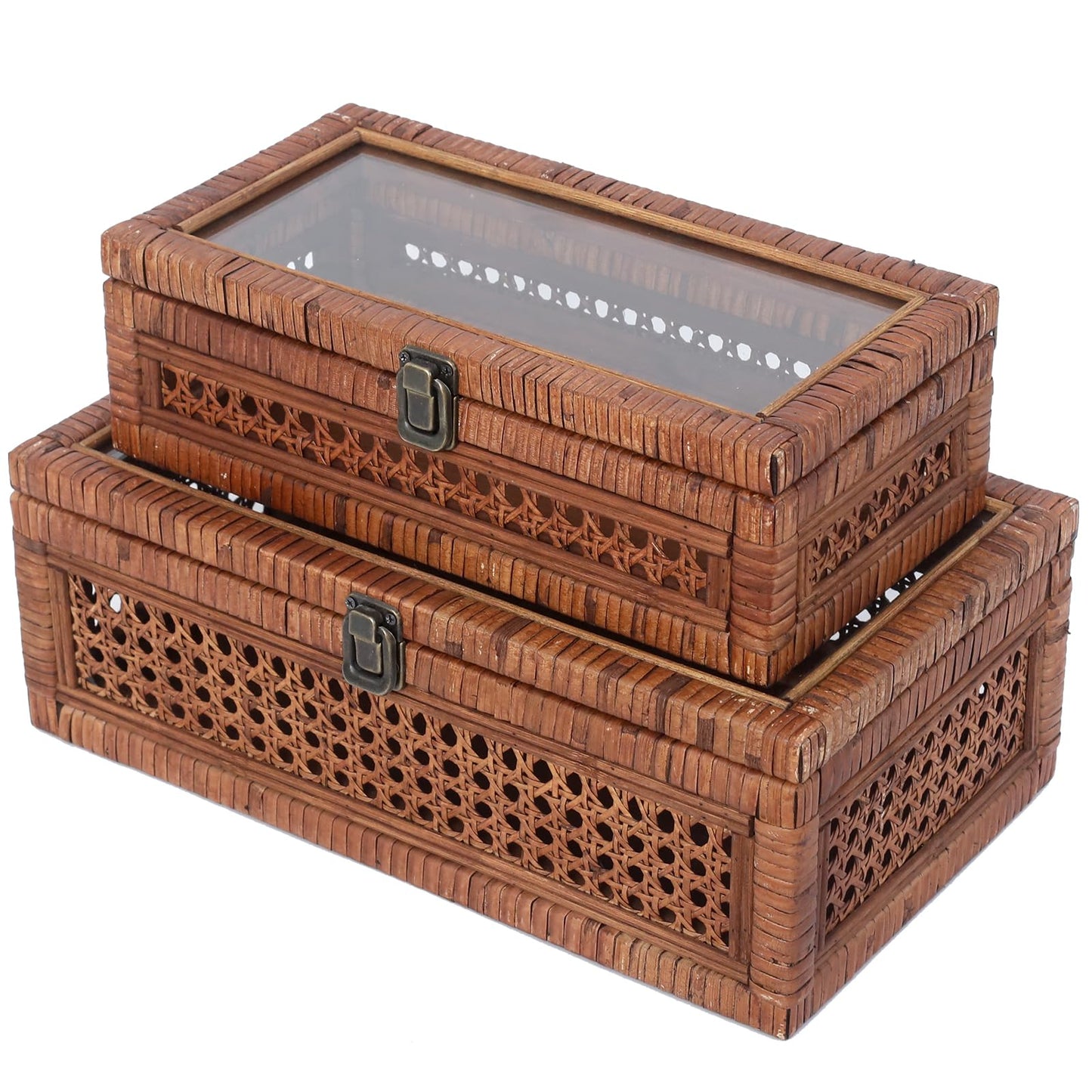DECOR4SEASON Rattan and Cane Stacking Boxes with Glass Top Lid - Set of 2 11.8" and 14.1", for Boho and Rustic Farmhouse Decor, Brown