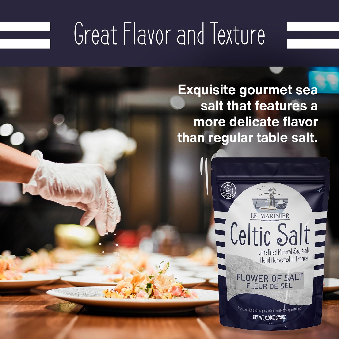 Le Marinier Fleur de Sel 0.6lb - 8.81oz. French Sea Salt- Flower of Salt. Mineral Rich, Unrefined, 100% Natural, Hand Harvested, Finishing Salt (0.6lb Fleur de Sel)