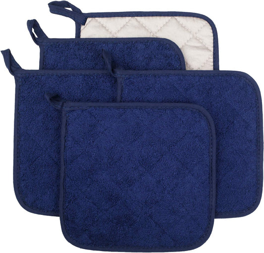 100% Cotton Kitchen Everyday Basic Terry Pot Holder Heat Resistant Coaster Potholder for Cooking and Baking Set of 5 Dark Blue