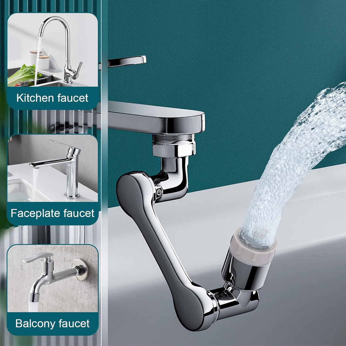 Faucet extender 1080 ° rotation, faucet extender, rotating robotic arm, suitable for bathrooms and kitchens, with 2 water flow modes for washing eyes/hair/face (silvery)