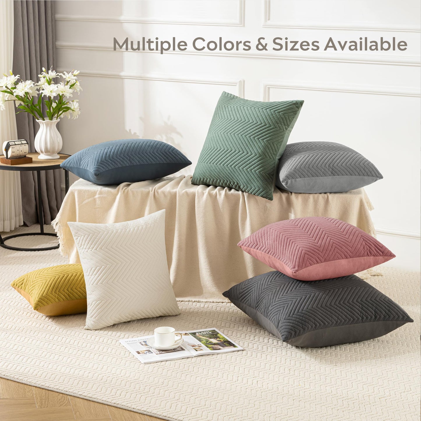 JELLYMONI Throw Pillow Covers 12”x20” Set of 2 Decorative Pillow Cases Blue Lumbar with Zipper Cushion Cover Polyester Quilted Solid Soft Home Decor for Bed Sofa Couch Living Room (NO Insert)