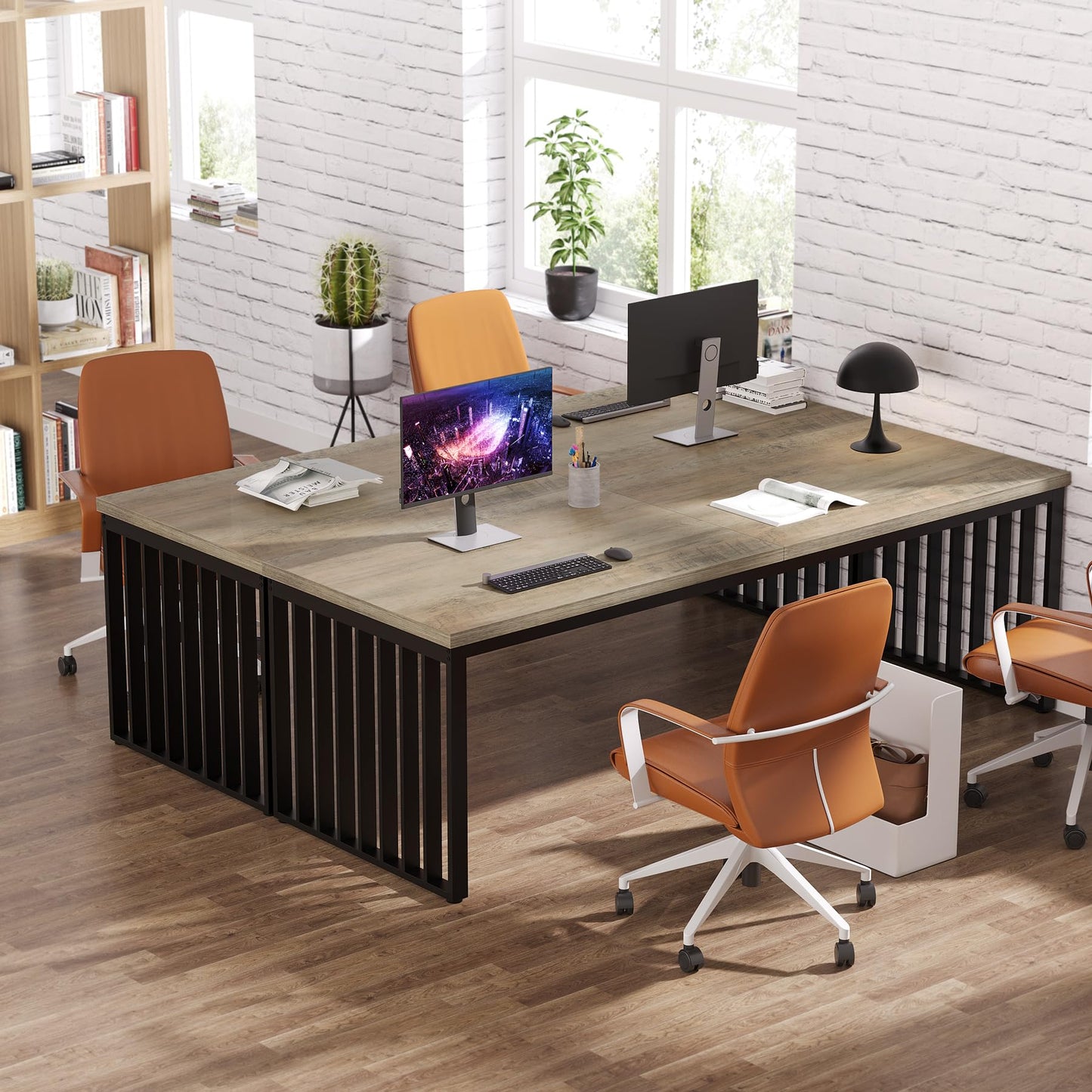 Tribesigns 78.74" Extra Long Computer Desk 2 Person Desk, Double Long Desk with Heavy Duty Metal Frame, Double Workstation Study Table for Home Office, Brown (Without Chair) (Gray & Black)