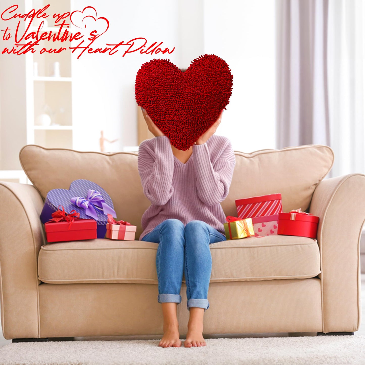 Fun Express Heart Shaped Chenille Pillow - 14 Inch - Valentine's Day Home Decor - for Valentine's for Your Loved one