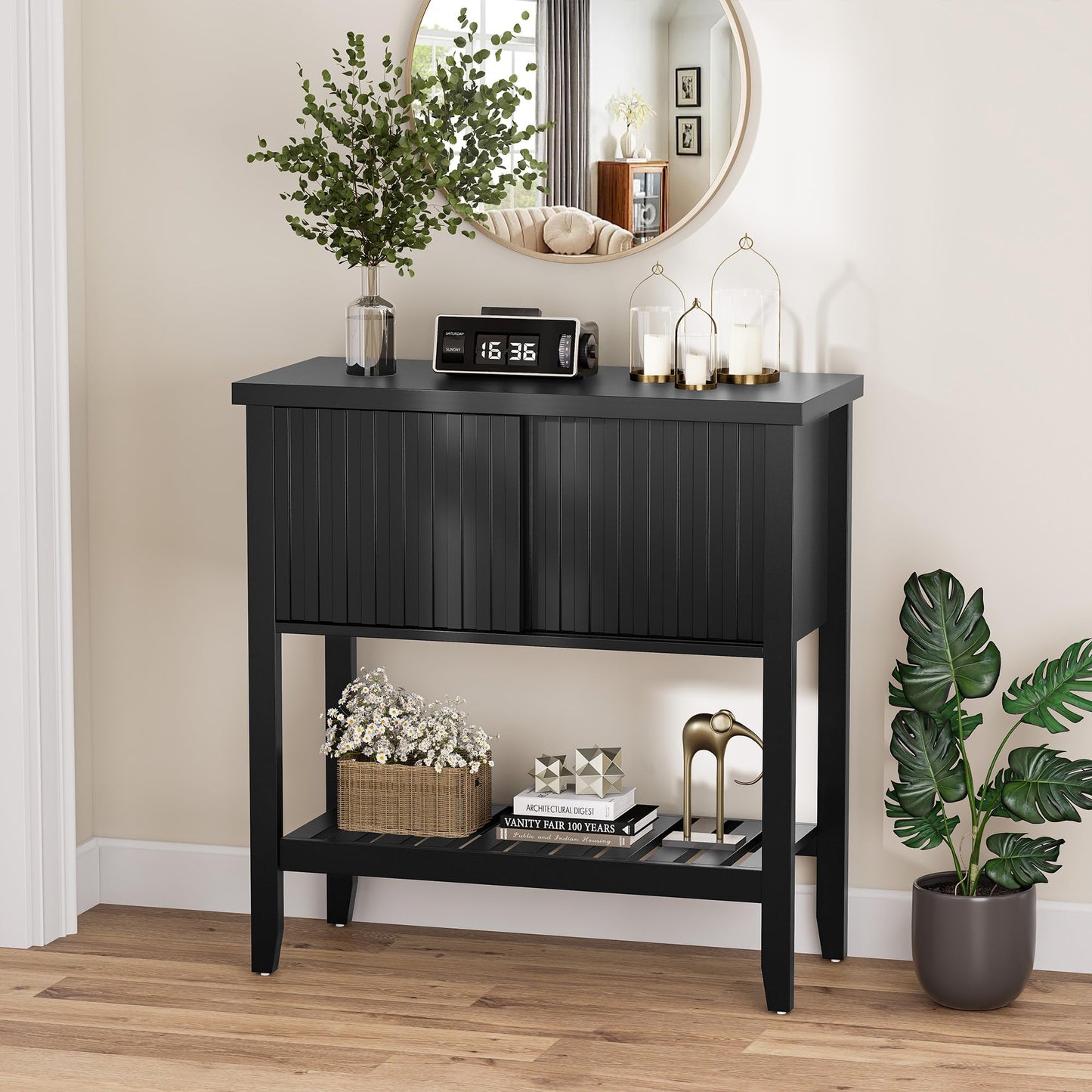 FJTFORME 31.5" Black Entryway Console Table with Sliding Drawer Doors, Narrow 2-Tier Sofa Table with Storage Shelf for Hallway, Living Room, or Office