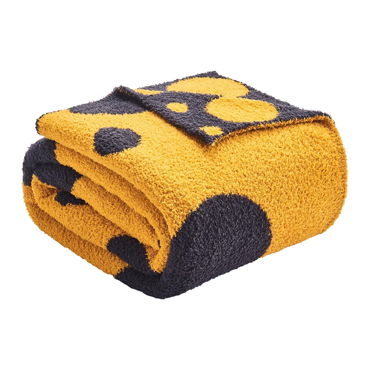 Douceur Polka Dot Throw Blanket for Couch Sofa Bed, Reversible Cozy Fluffy Super Soft Bedroom Blanket, Plush Gold Yellow Throw Blanket, 50×60 inches