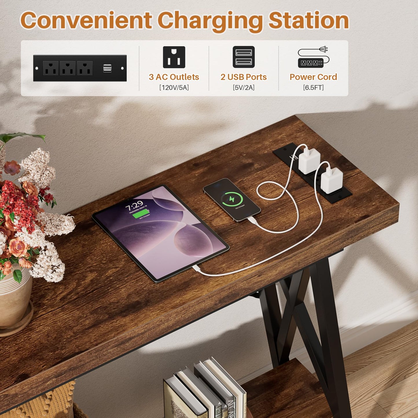 Homieasy 70.9 Inch Extra Long Console Table with Charging Station & Storage Shelf - Industrial Style Sofa Table Behind Couch for Living Room & Entryway, Rustic Brown