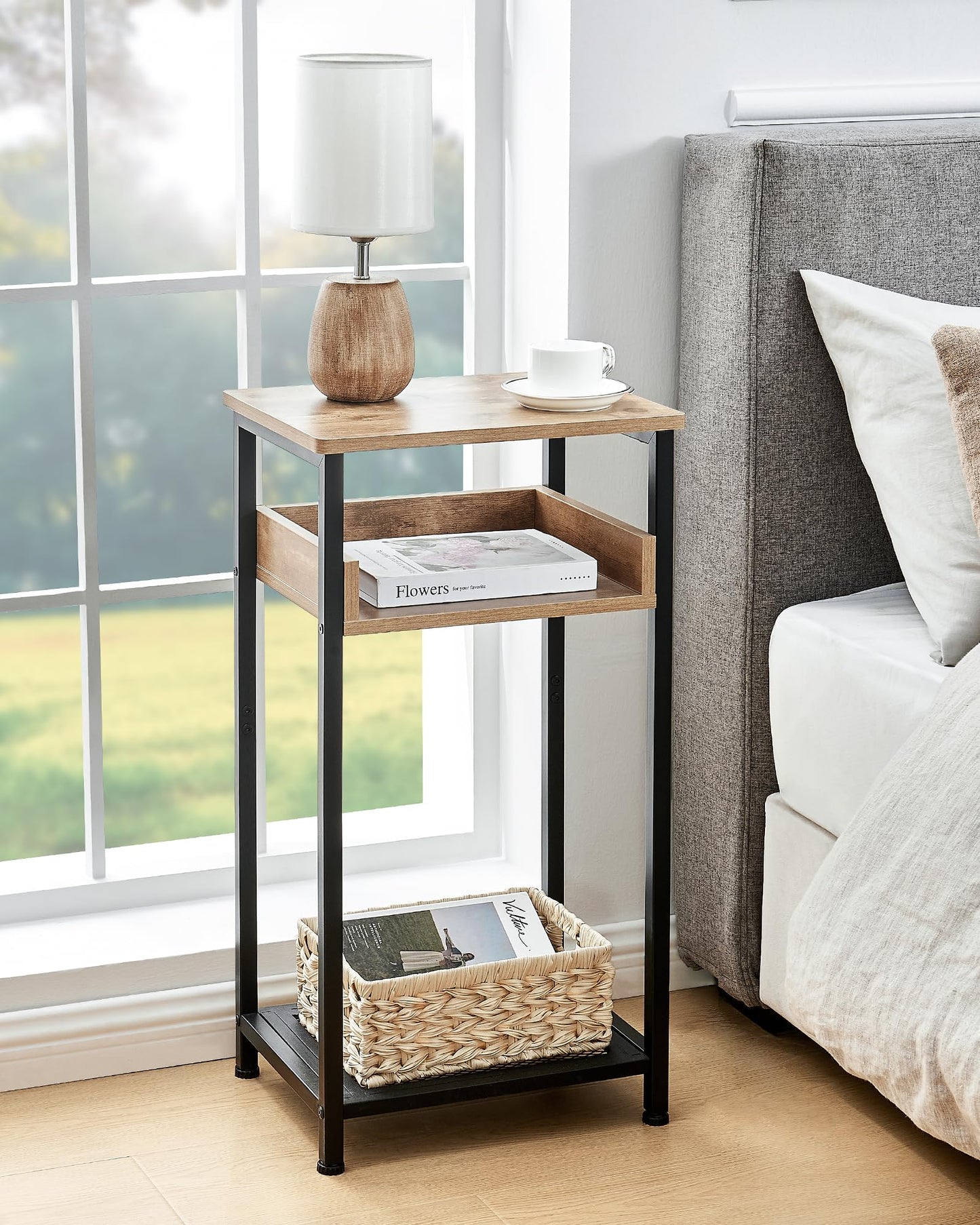 KJGKK Tall Side Table, 30 inch High End Table, Small Entryway Table, Bedside Table for Living Room and Bedroom, Greige & Black