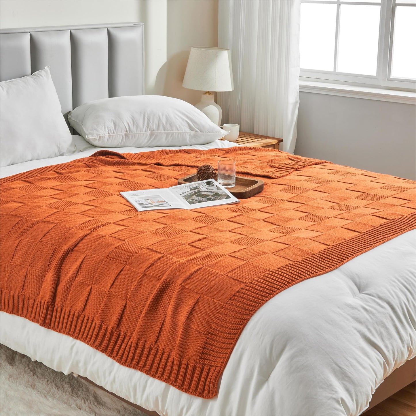 CozeCube Check Knit Throw Blanket, Rust Orange Checkered Throw for Couch, Decorative Christmas Soft Cozy Warm Knitted Blanket for Bed Sofa Living Room, 50"X60"