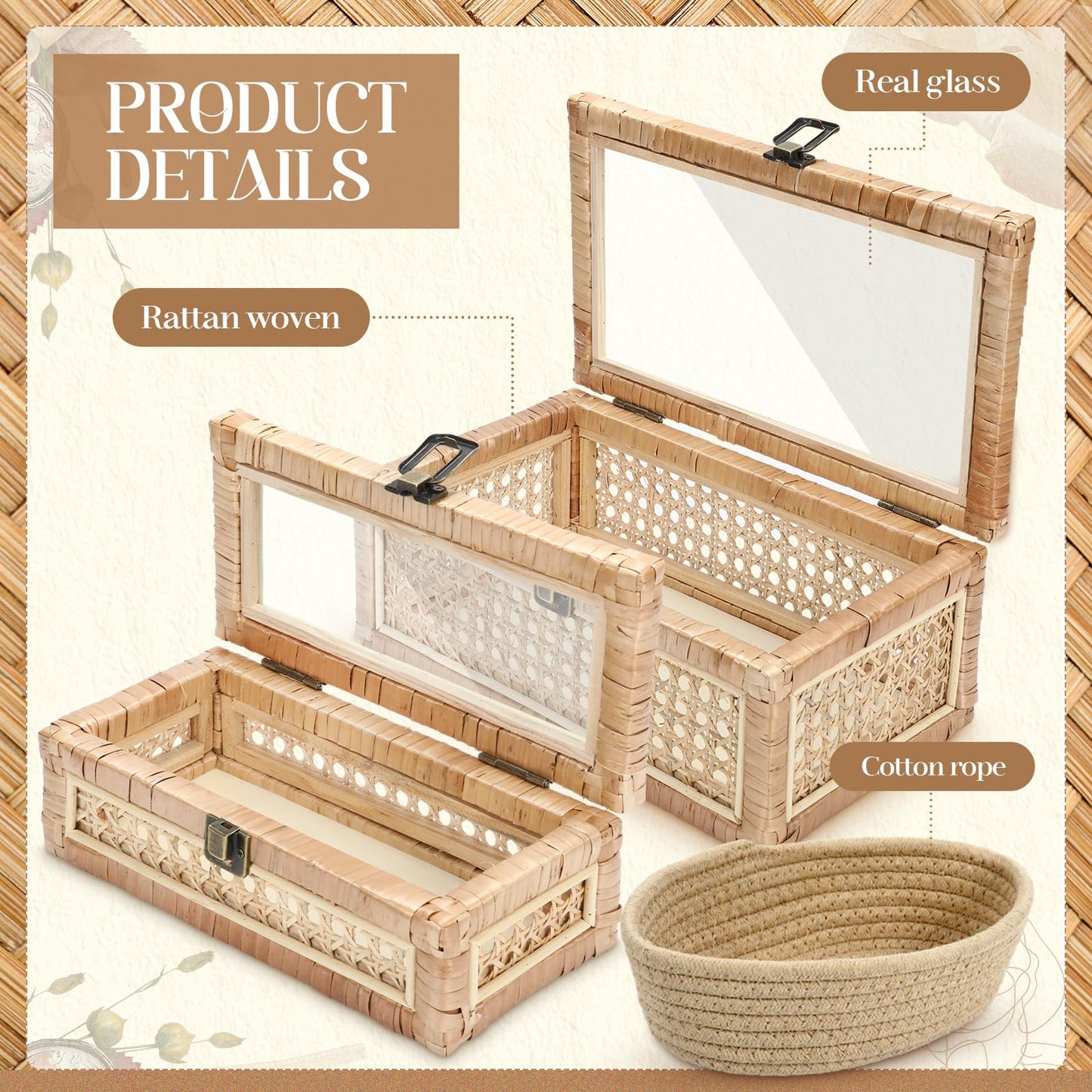 LOYIM Set of 2 Boho Rattan Decorative Box with Glass Lid Rectangular Woven Cane Stacking Boxes for Display Rustic Farmhouse Storage Basket Bins for Home Decoration