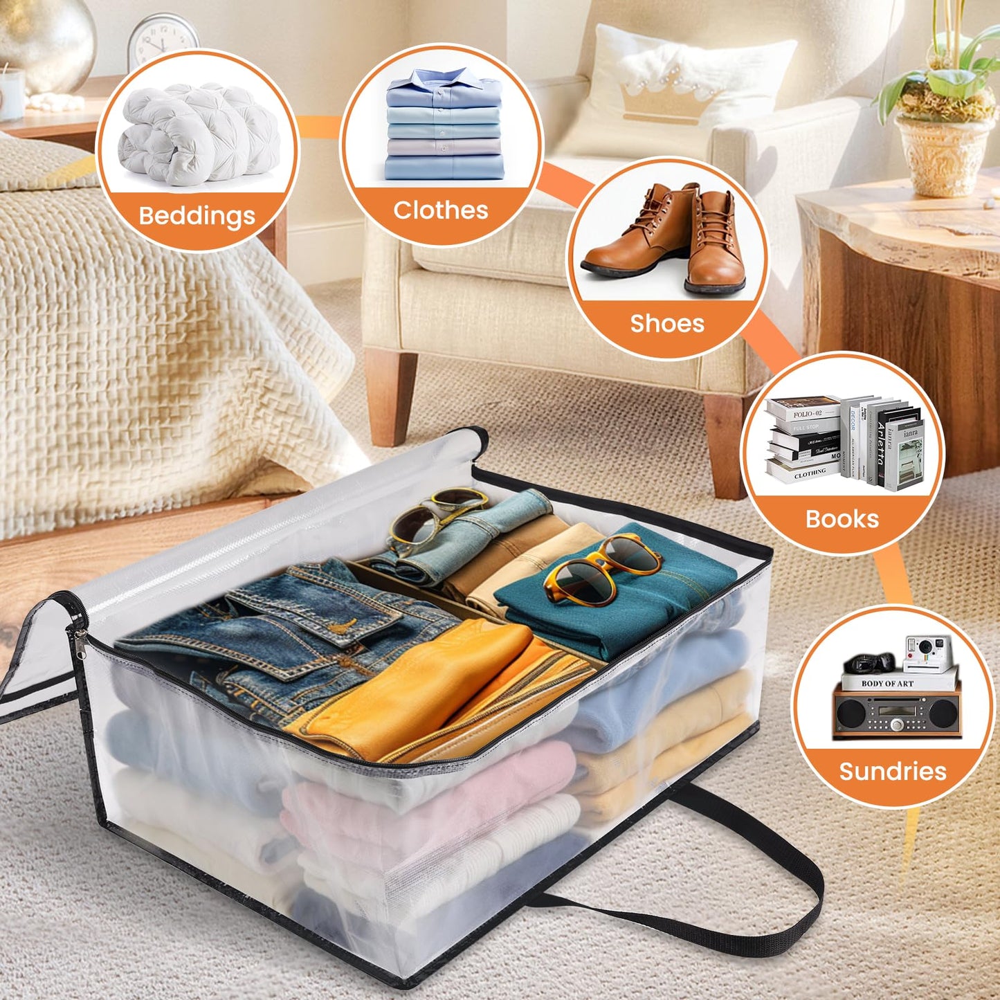 TasticTotes 6 Pack Clear Storage Bags for Comforter, Clothes & Bedding, Plastic Blanket Storage with Zipper and Handle, Moving Bags, Closet Organizer and Under-Bed Storage (90L)