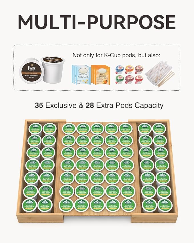 Larger Expandable Bamboo Coffee Pod Holder for Counter Drawer Display, 35 Pod Capacity, K-Cup Pods - Tea Bags Storage Organizer Holder (Bamboo)