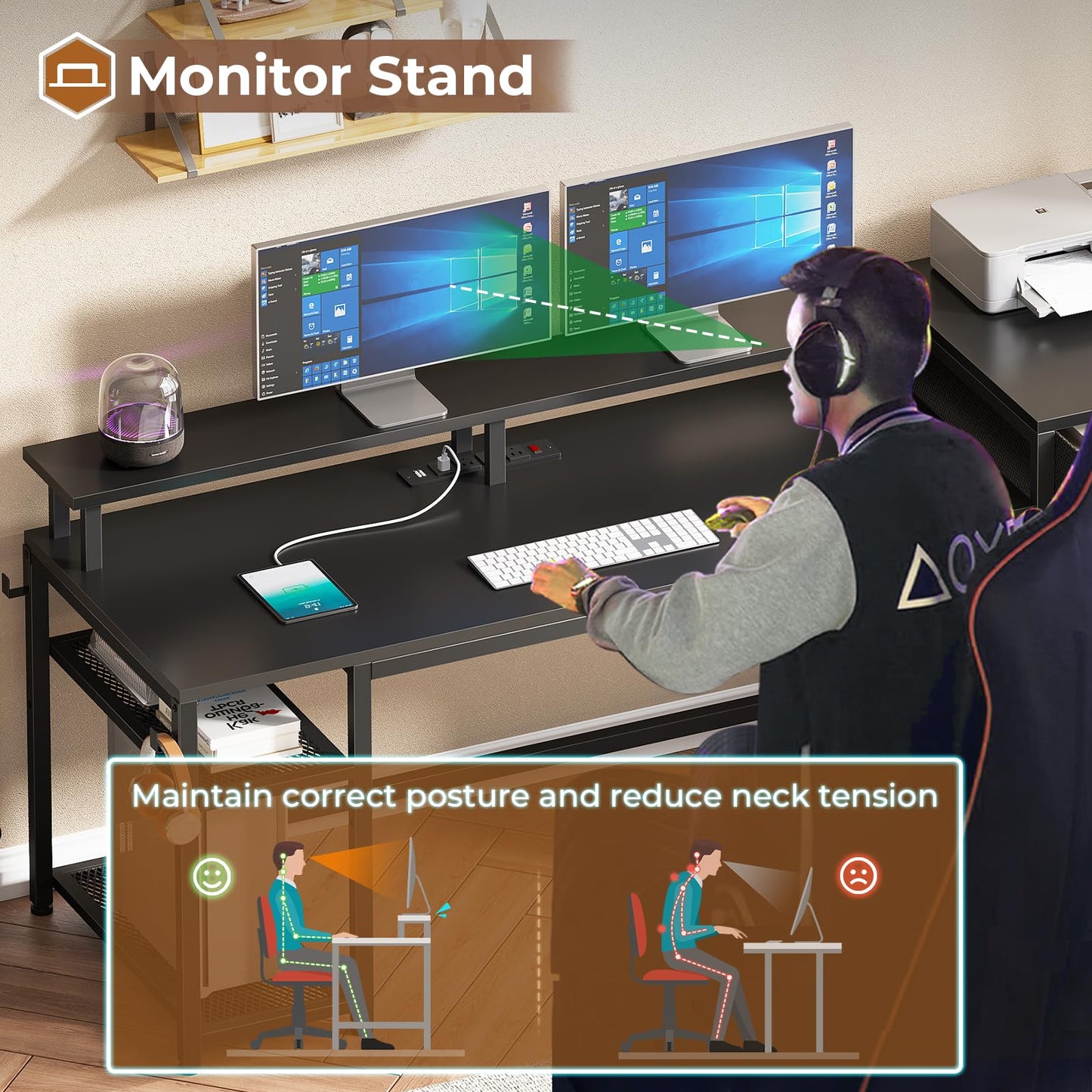 SEDETA 59" Office Desk with Drawers, Reversible Computer Desk with File Drawers & Storage, Gaming Desk with LED Lights & Power Outlet, Home Office Desks for Printer, Black