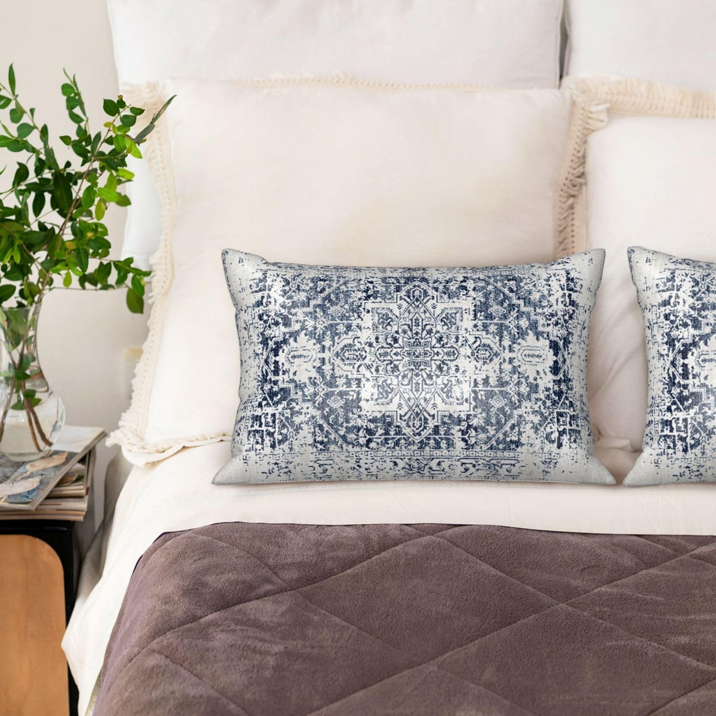 Silk Like Pillowcase for Hair and Skin Retro Boho Blue Carpet 1 Pack Satin Pillowcase with Hidden Zipper Soft Breathable Smooth Cooling Pillow Cover Queen Size for Bedroom Sofa 20”x30”