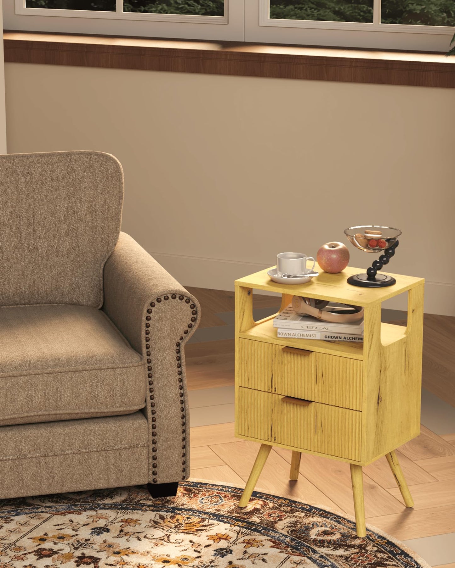 Leomonio Nightstand,Modern Bedside Table with 2 Storage Drawer and Open Wood Shelf, for Bedroom and Small Spaces,Night Stand with Solid Wood Legs, Yellow Oak