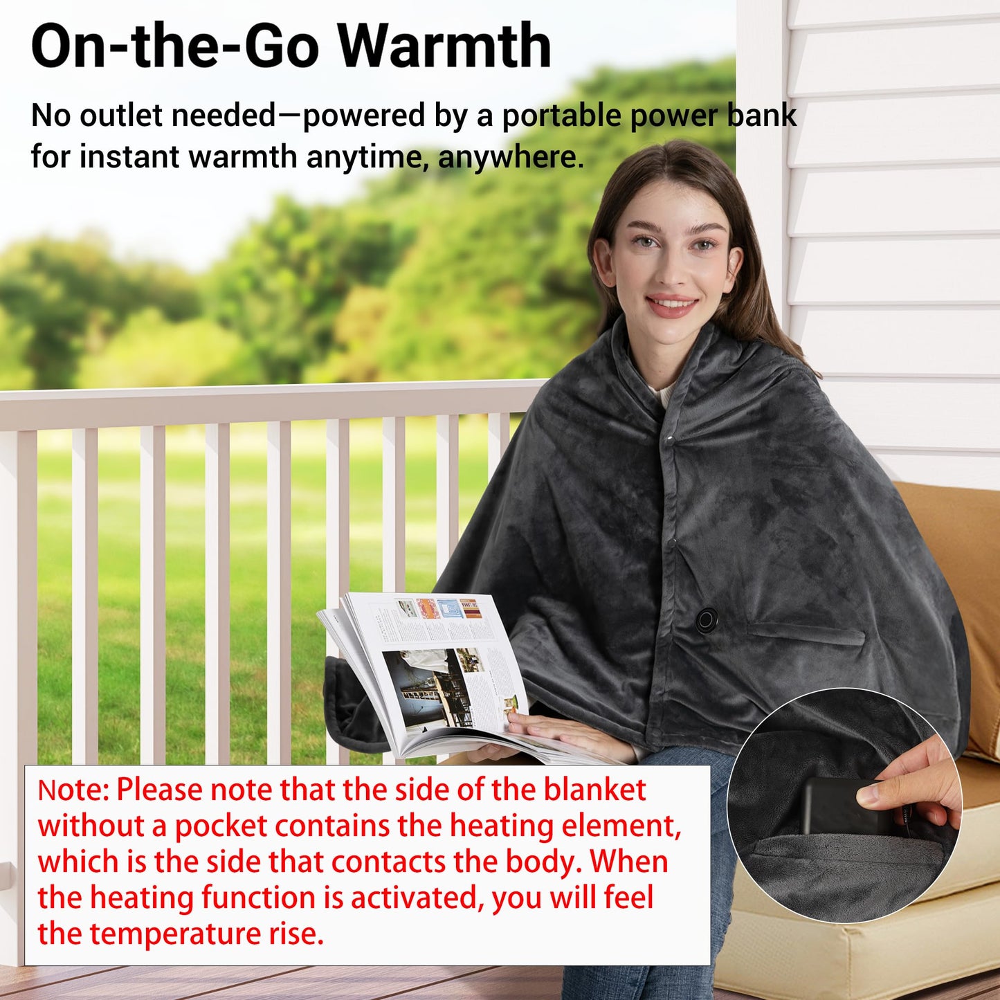Rutoab Heated Blanket with 20000mAh Power Bank, 58"X35" Dual-Sided Crystal Velvet, Rapid Heating, 3 Temps, Portable Cordless Heated Throw Shawl for Indoor & Outdoor Comfort (Dark Gray)