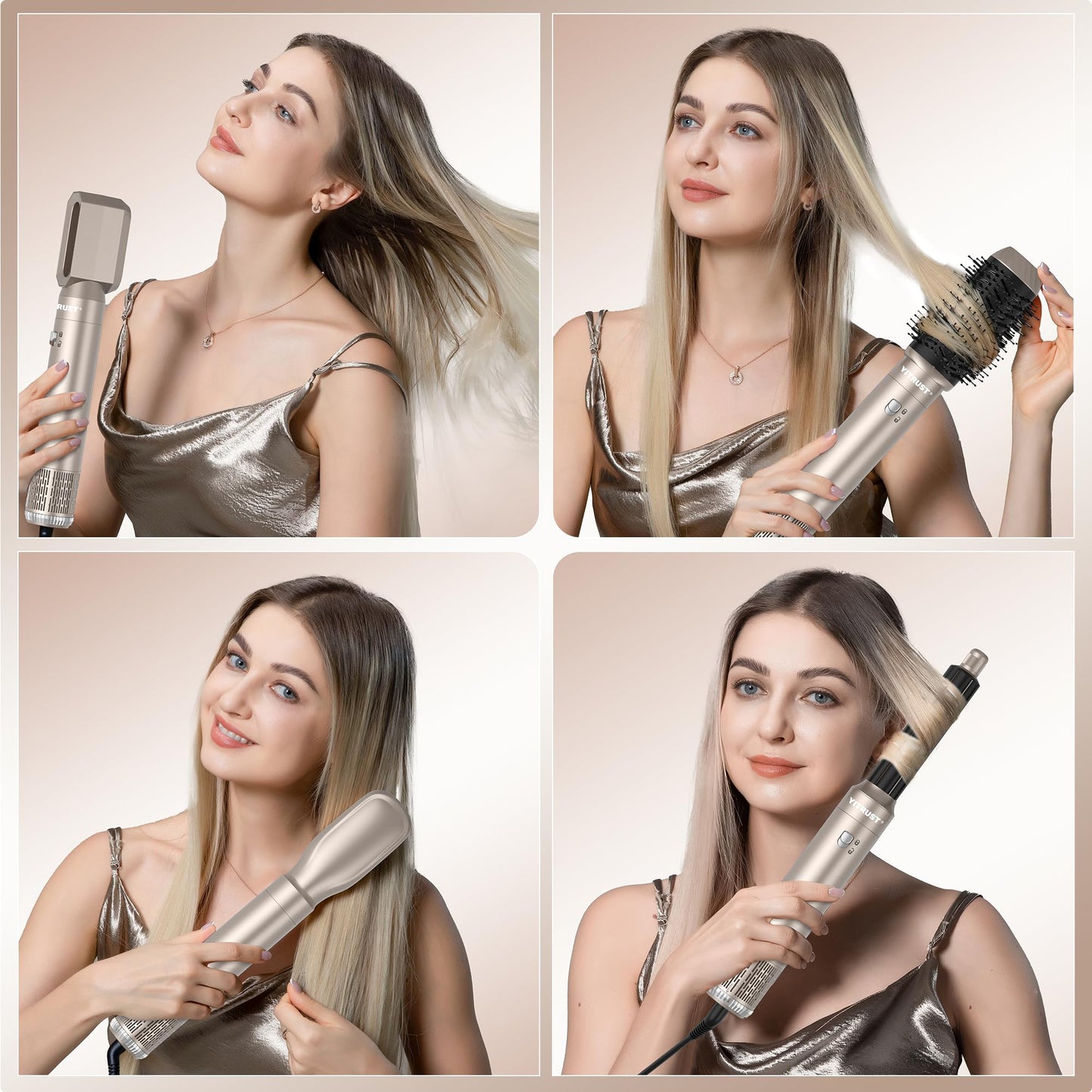 Yitrust 6 in 1 Blow Dryer Brush 60000RPM Hair Dryer Brush Detachable Air Curler Wrap Styler Professional Hot Air Brush Round Brush Blow Dryer Hair Styling Tools (Silver)