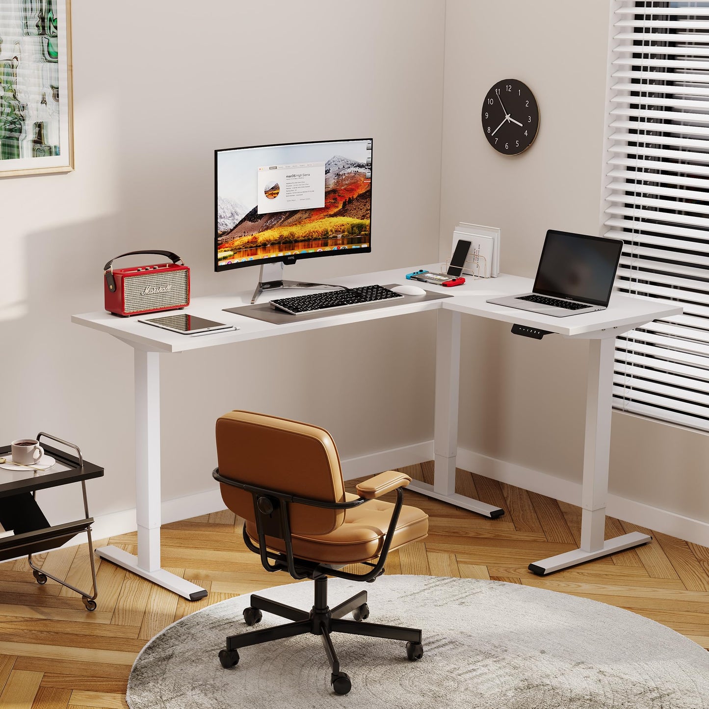 SANODESK Electric Height Adjustable 3 Leg Corner Desk Frame, up to 220lbs, Sit Stand Ergonomic L Shaped Frame Only, White