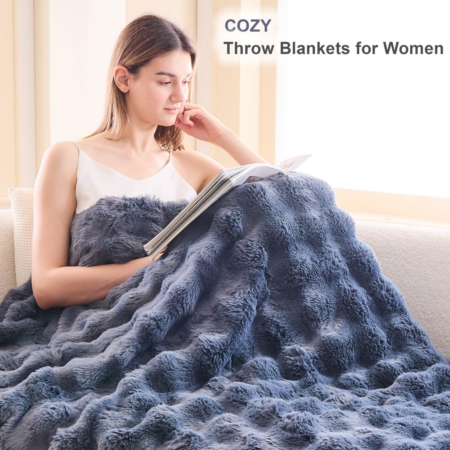 DOISING Soft Cozy Plush Faux Rabbit Fur Grey Throw Blanket, Decorative Boho Fluffy Blanket for Couch Bed Sofa Chair and Living Room, Luxury Fuzzy Fleece Winter Throw Blankets for Women, 50x60''