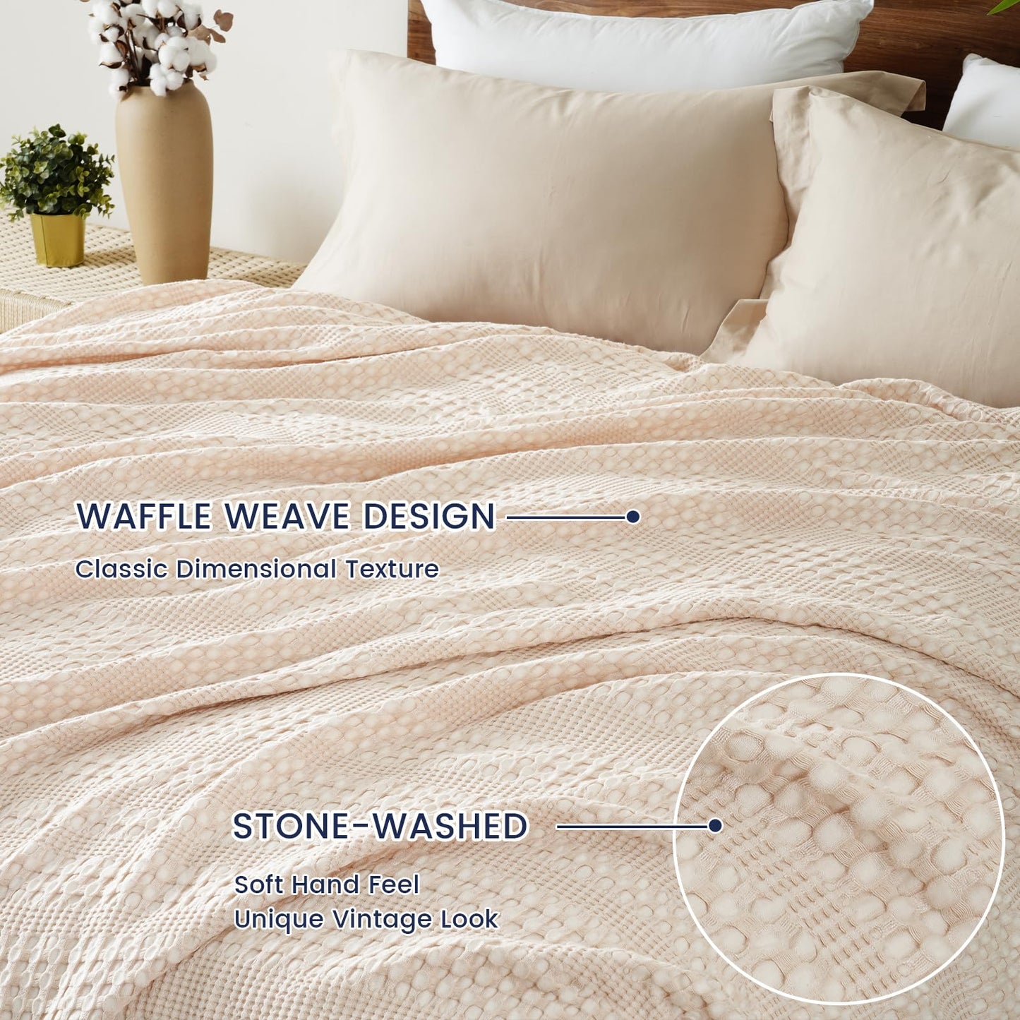 PHF Stone-Washed Cooling Waffle Twin Size Blanket - Lightweight Breathable Summer Blanket, 60% Rayon from Bamboo & 40% Cotton, Luxuriously Soft for Bed & Couch, 66"x90", Light Pink